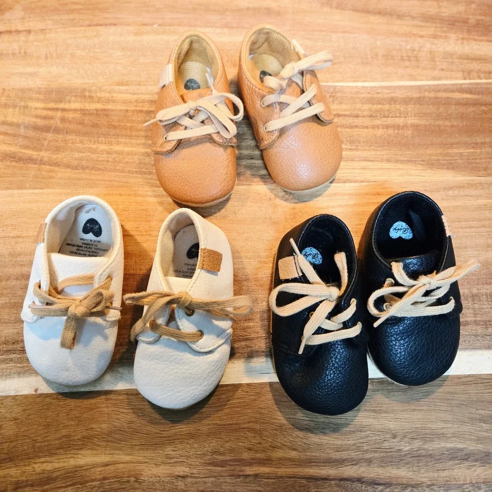 Lot of 3 Lightweight Lace Up Baby Sneakers 6-12 Months Soft Sole Faux Leather